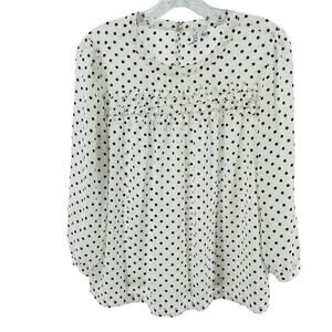 Elle White Black Polka Dot Ruffle Bodice Long Sleeve Sheer Chiffon Blouse M